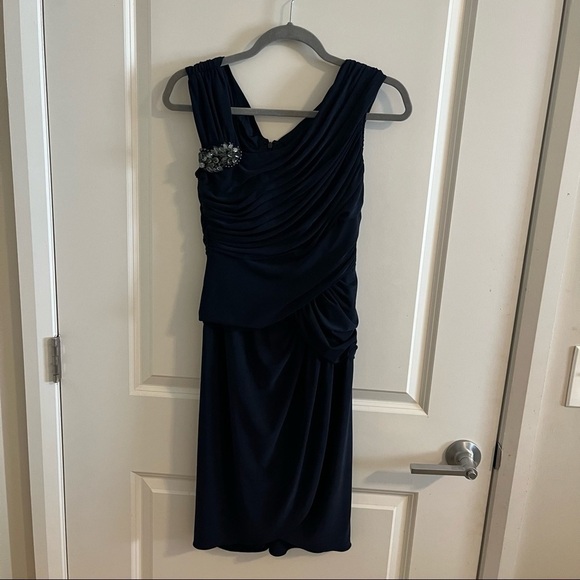 Adrianna Papell Womens Navy Blue Draped Jeweled Tulip Hem Evening Dres… - Picture 11 of 11